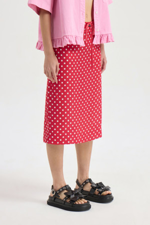 Dot Print Banding Midi Skirt (red)