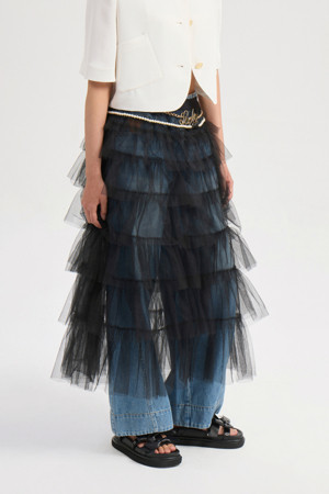 Frill Mesh Banding Long Skirt (black)