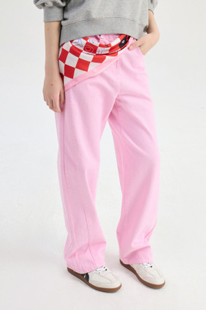 Waist Coloring Cocoon Fit Denim Pants (pink)