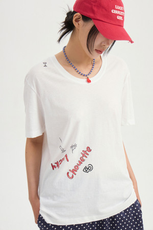 Tattoo Print Loose Fit U Neck Half Sleeve T-shirt (white)