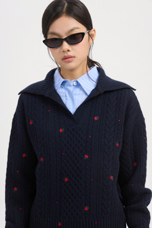 Cable Embroidery Collar Knit Pullover (dark navy)