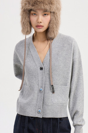 Embroidery Detail V Neck Knit Cardigan (melange grey)