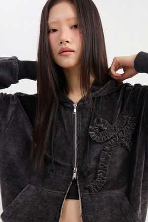 Chouetties by LUCKY CHOUETTE_Ribbon Point Velvet Hood Jumper (dark grey)