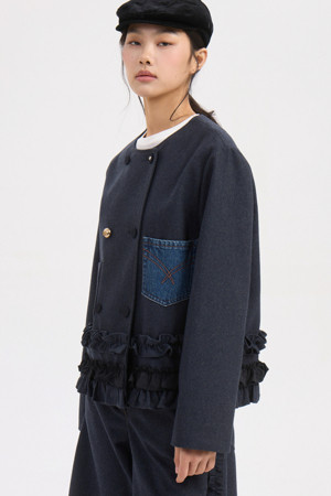 No Collar Crop Double Jacket (navy)