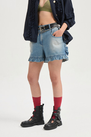 [Re-Order] Hem Frill Back Banding Denim Shorts (blue)