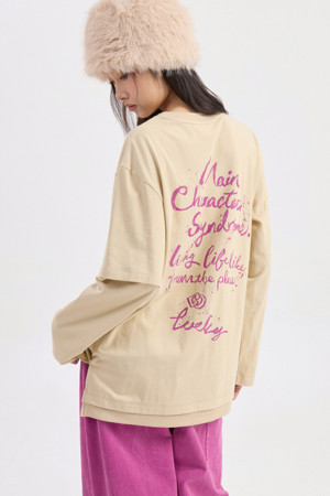 Lettering Point Loose Fit Long Sleeve T-shirt (light beige)