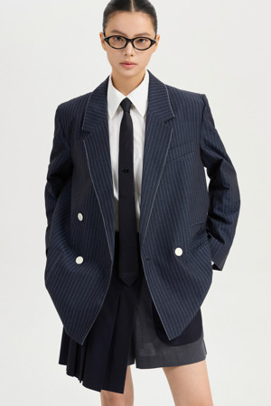 Stripe Color Stitch Double Jacket (dark navy)