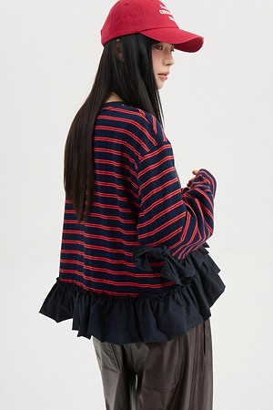 Frill Point Solid/Stripe Long Sleeve T-shirt (dark navy)