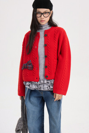 Check Ribbon Round Neck Knit Cardigan (red)