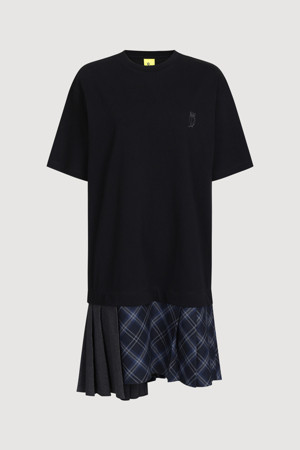 Pleats Texture Block Half Sleeve Jersey Dress (black)