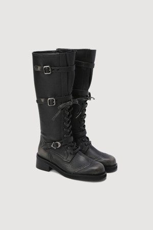 [Re-Order] Lace-up Washing Leather Long Walker Boots(black)