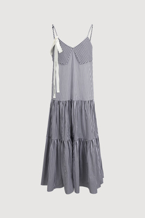 Striped Checkered Mixed Sleeveless Dress (black)