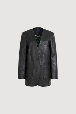 Collarless Fake Leather Jacket