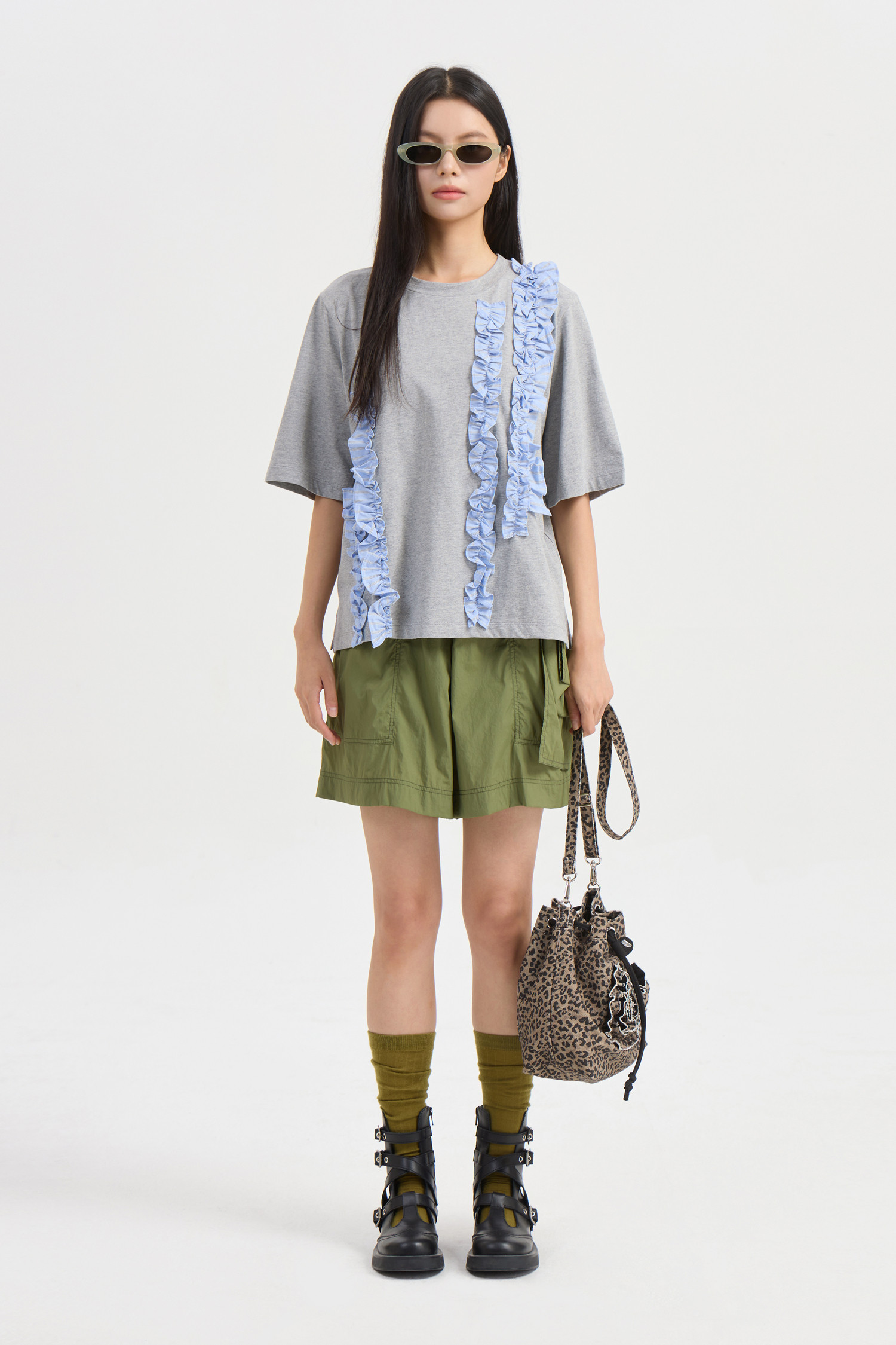 Woven Frill Half Sleeve T-shirt (melange grey)_LUCKY
