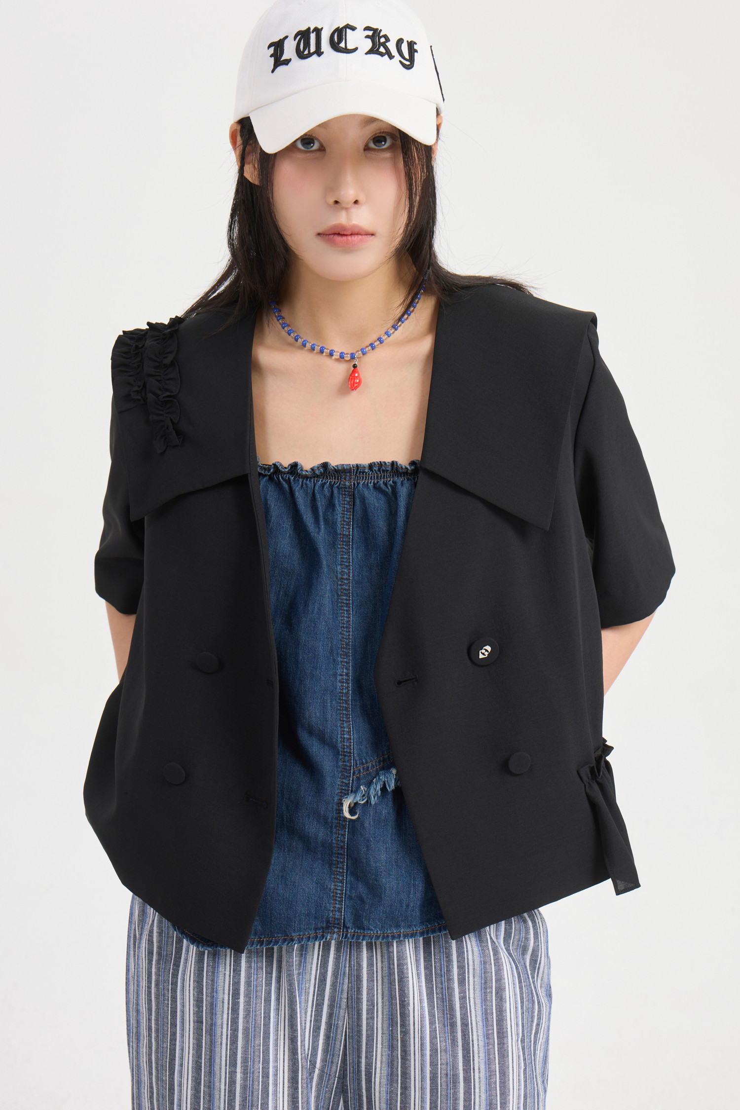 LUCKY CHOUETTE] [Re-Order] Sailor Ruffle Half Sleeve Jacket