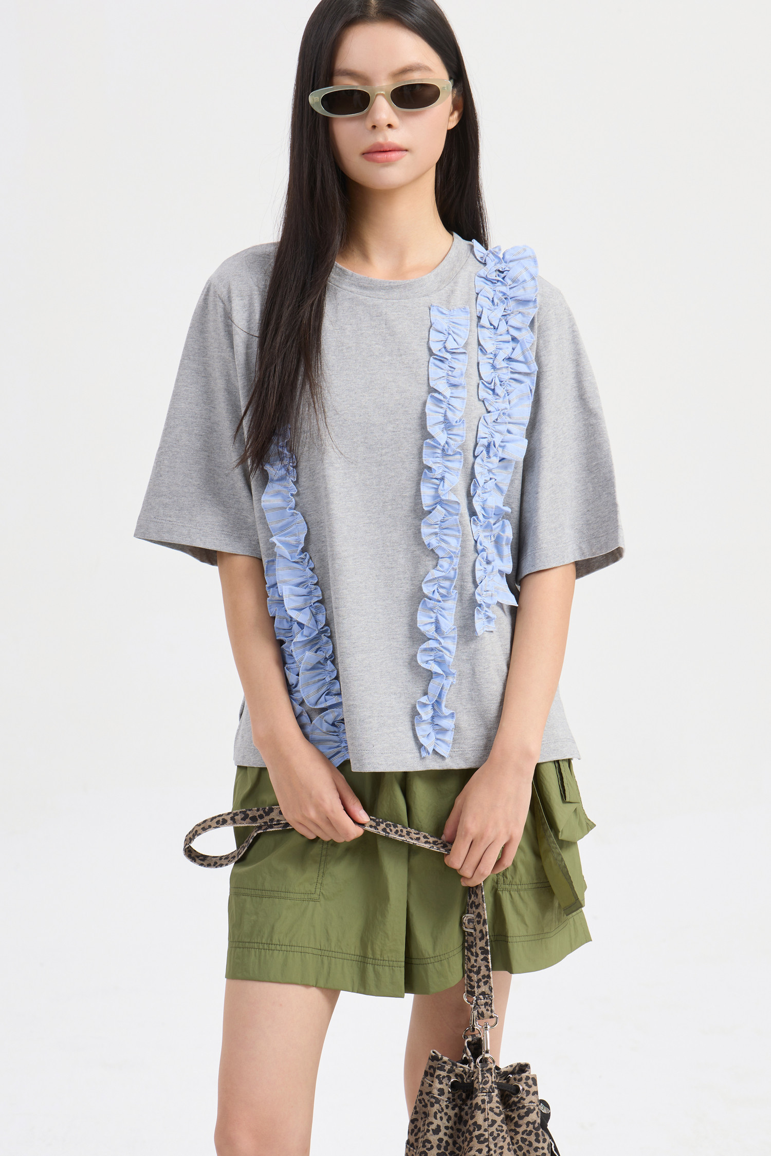 Woven Frill Half Sleeve T-shirt (melange grey)_LUCKY