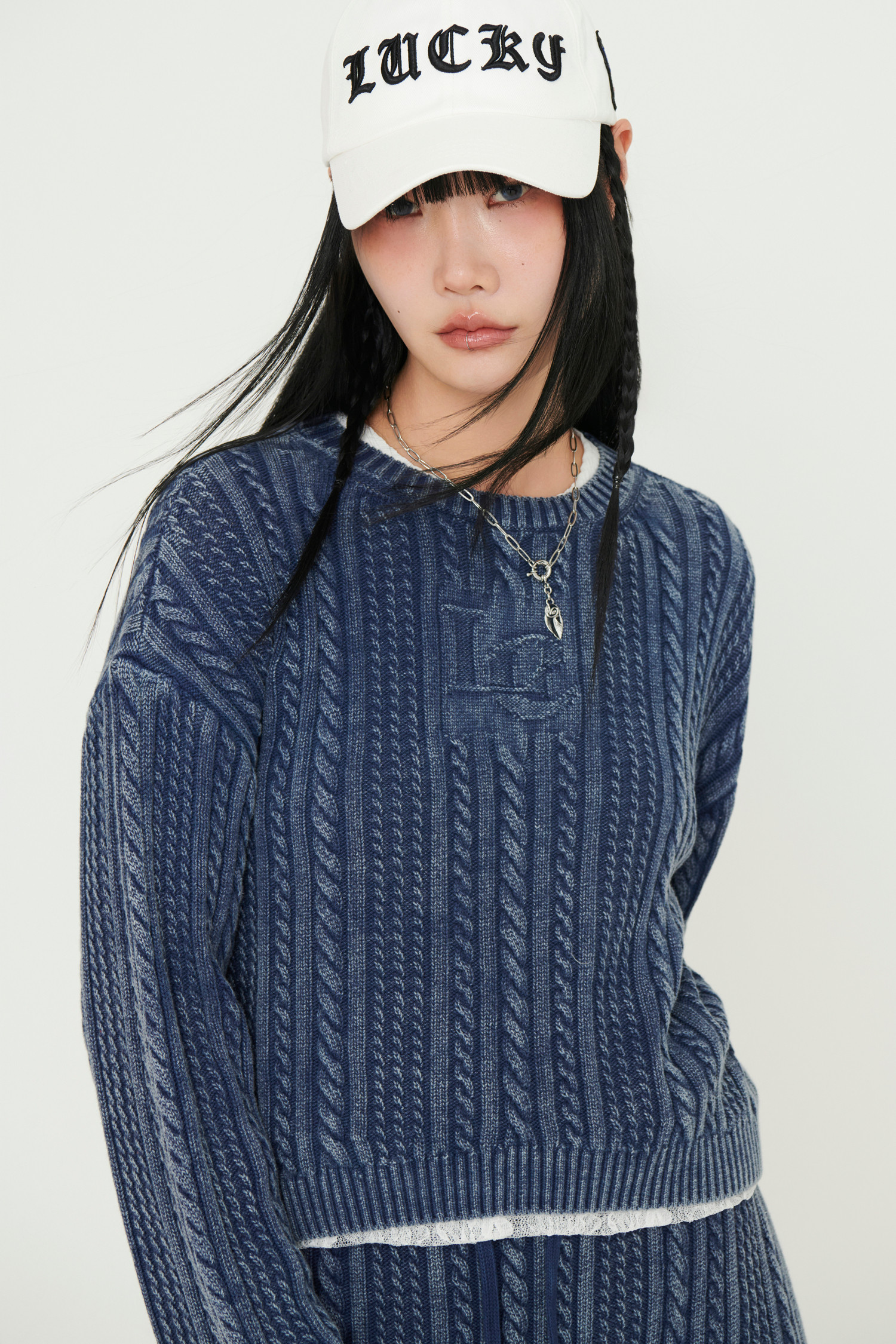 LUCKY CHOUETTE] Washed Cable Knit Pullover (grey)