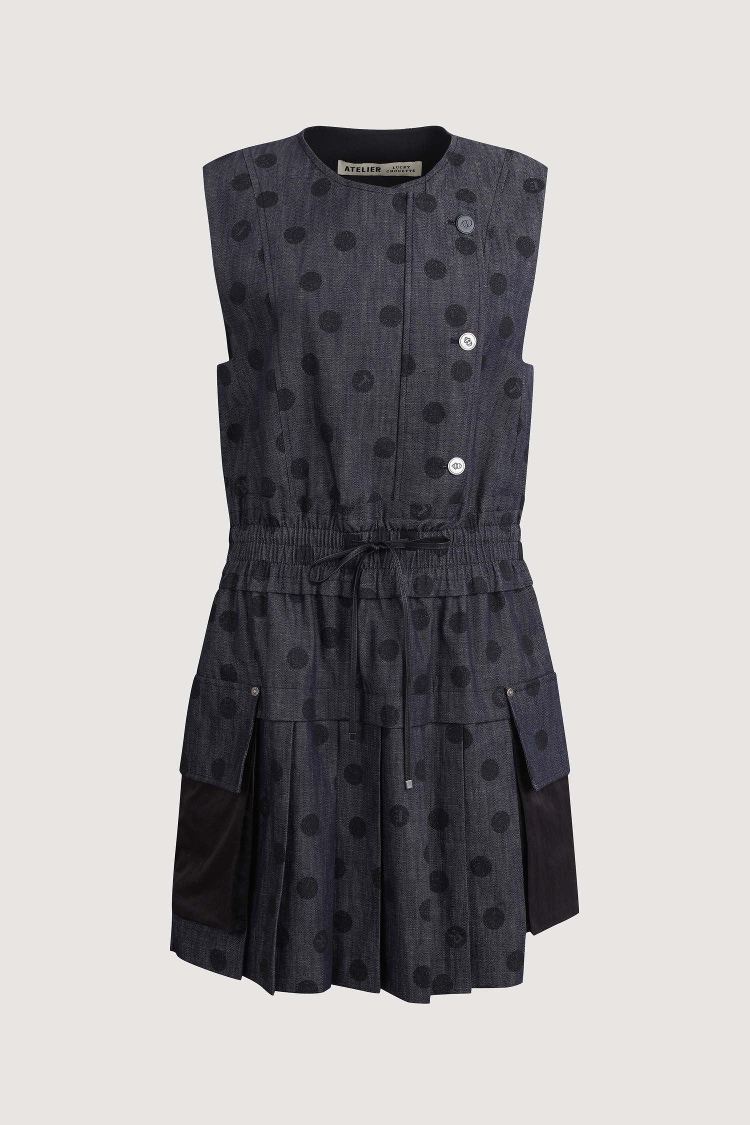 루루 LUCKY CHOUETTE] [Atelier] Dot Print Sleeveless Dress (dark navy)