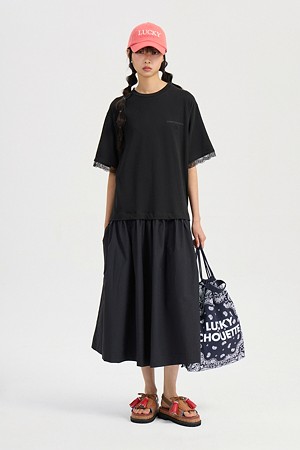 Sleeve Lace Patch Jersey Woven Dress (black)