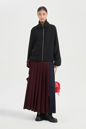 Color Mix Pleated Back Banding Long Skirt (wine)
