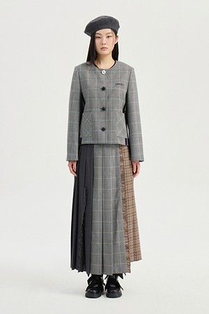 Check MIX Pleats Long Skirt (multi color)