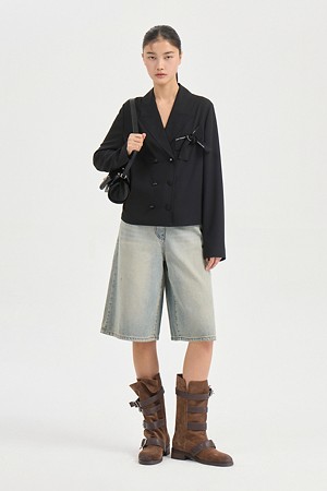 Ribbon Point Double Button Blouse (black)