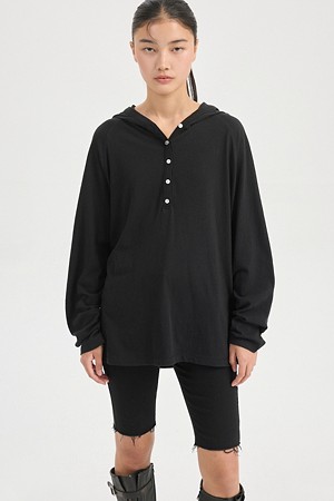 Button Point Loose Fit Hoodie T-shirt (black)