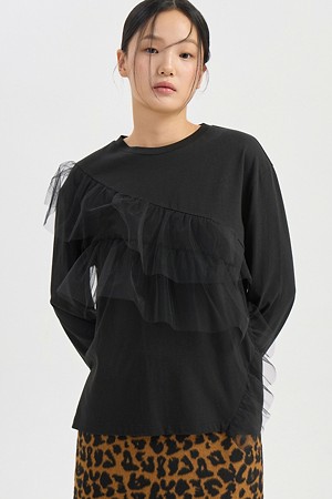 메쉬 배색 긴팔 티셔츠 (블랙)