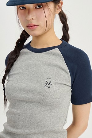 [CASPER X CHOUETTIES] Stitch Embroidery Color Block Baby Fit T-Shirt (melange grey)