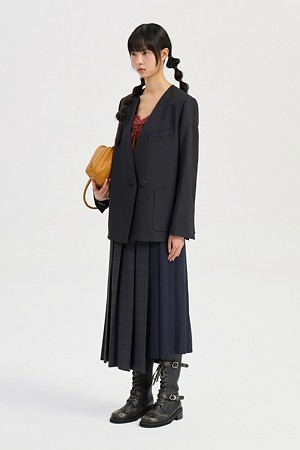 Check Solid Mix Pleats Long Skirt (grey)