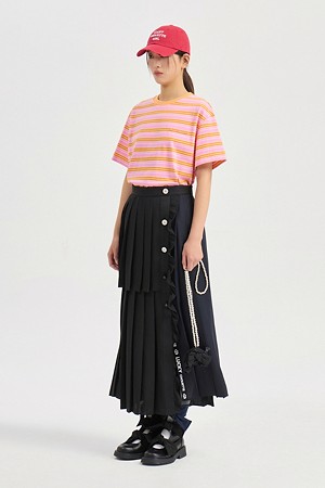 Color Mix Pleated Long Skirt (black)