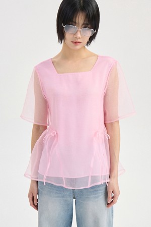 Hem Volume Check Short Sleeve Blouse (light pink)