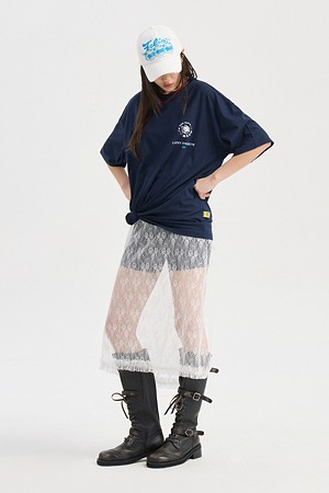 [FELIX X LUCKY CHOUETTE] Back Graphic Loose Fit Short Sleeve T-Shirt (dark navy)