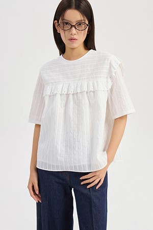 Frill Lace Stripe Short Sleeve Blouse (white)