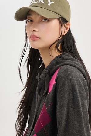Argyle Pattern Hoodie Knit Cardigan (dark grey)