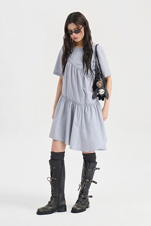 Chouetties by LUCKY CHOUETTE_Check Short Sleeve Volume Mini Dress (light gray)