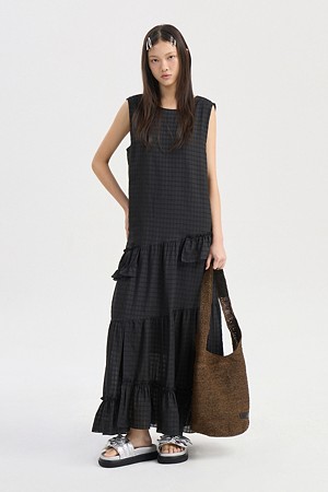 Ruffle Point Sleeveless Check Dress (black)