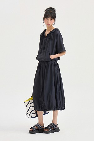 Ruffle Detail Hoodie Short Sleeve Dress (dark navy)