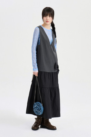 Ribbon Point  V-neck Long Dress (multi color)