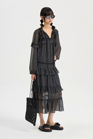 Round Neck Frill Dot Long Dress (black)