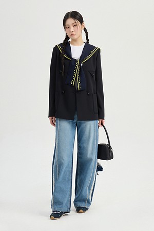 No Collar V-neck Jacket (black)