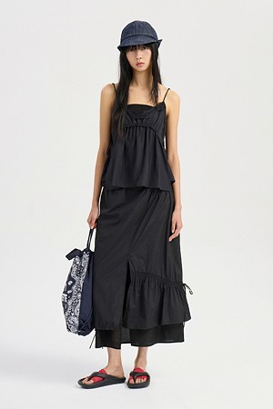 Color Block Hem Banding Long Skirt (black)