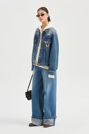Beads Decoration Denim Jacket (Detachable Boutonniere) (blue)