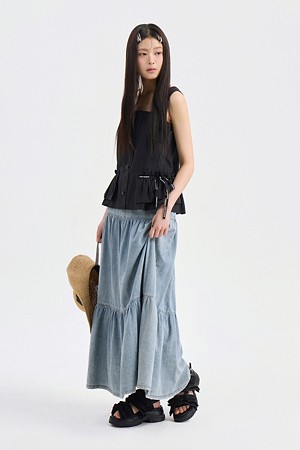 Shirring Point Back banding Denim Long Skirt (blue)