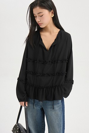 Frill Detail Round Neck Blouse (black)