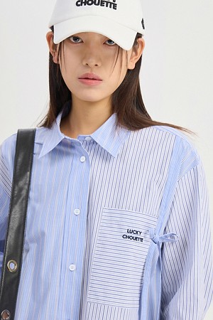 Ribbon Stripe Mix Shirt Type Short Sleeves Blouse (blue)