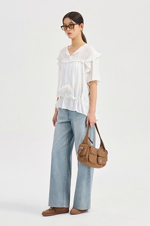 Shoulder Ruffle Short Sleeve Blouse (ivory)
