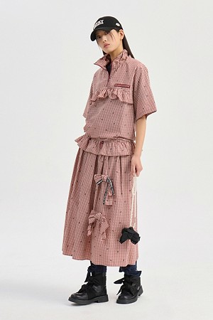 Frill Check Short Sleeve Anorak Jumper (wine)