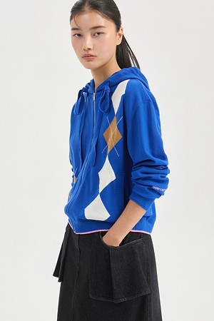 Argyle Pattern Hoodie Knit Cardigan (blue)