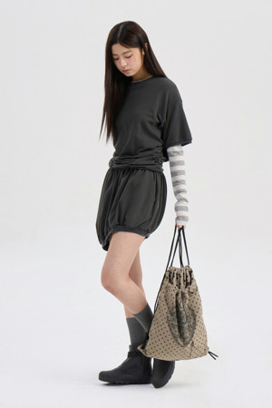 Chouetties by LUCKY CHOUETTE_Unbalance Shirring Short Sleeve Dress (dark grey)
